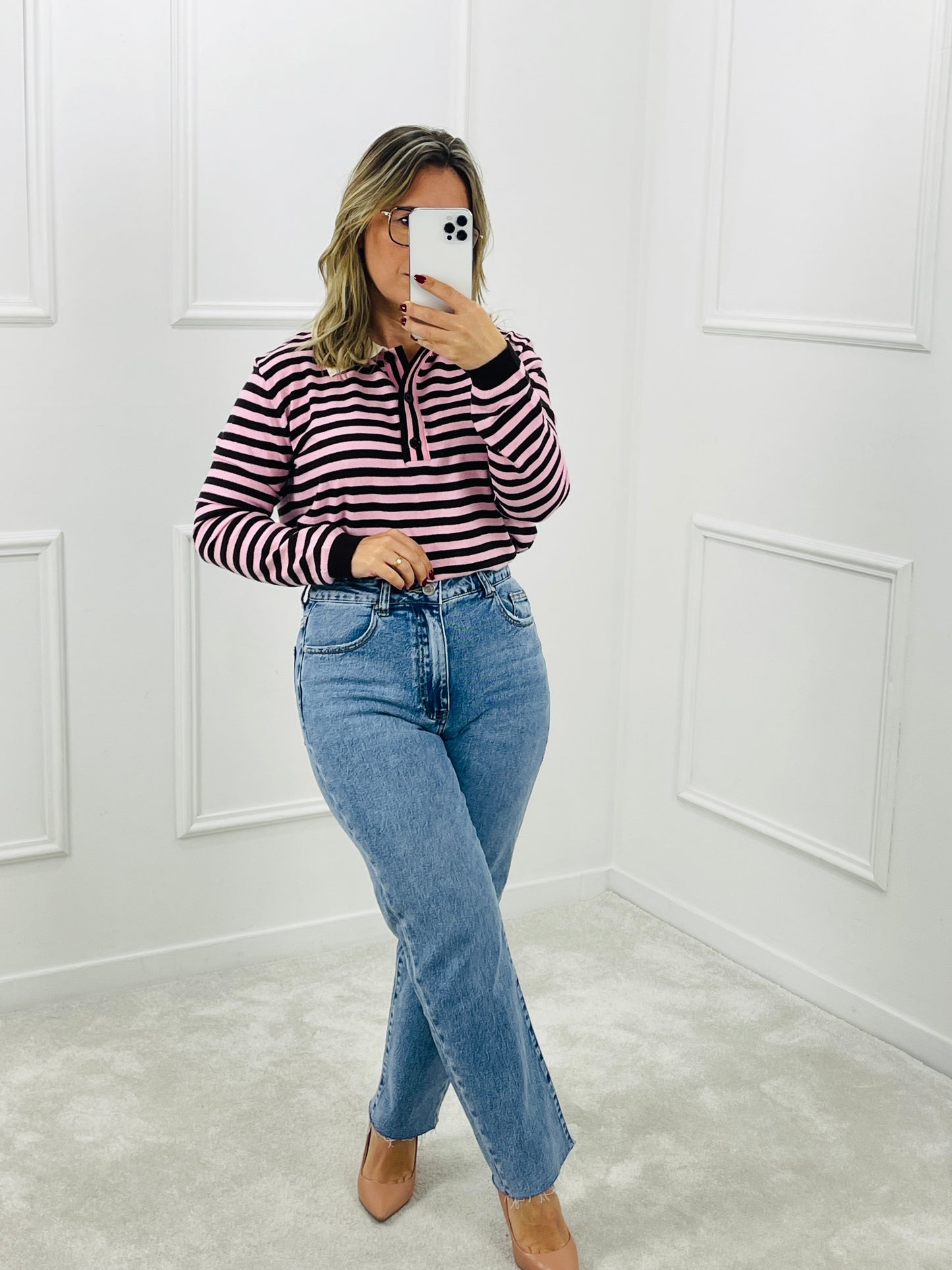 POLO MALHA STRIPES CASTANHO E ROSA