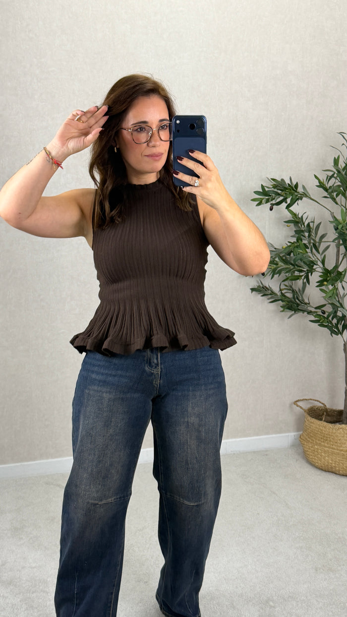 Camisola Malha Plissada Castanho