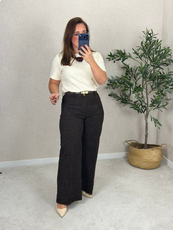 Calça Wide Leg Crop Leopard