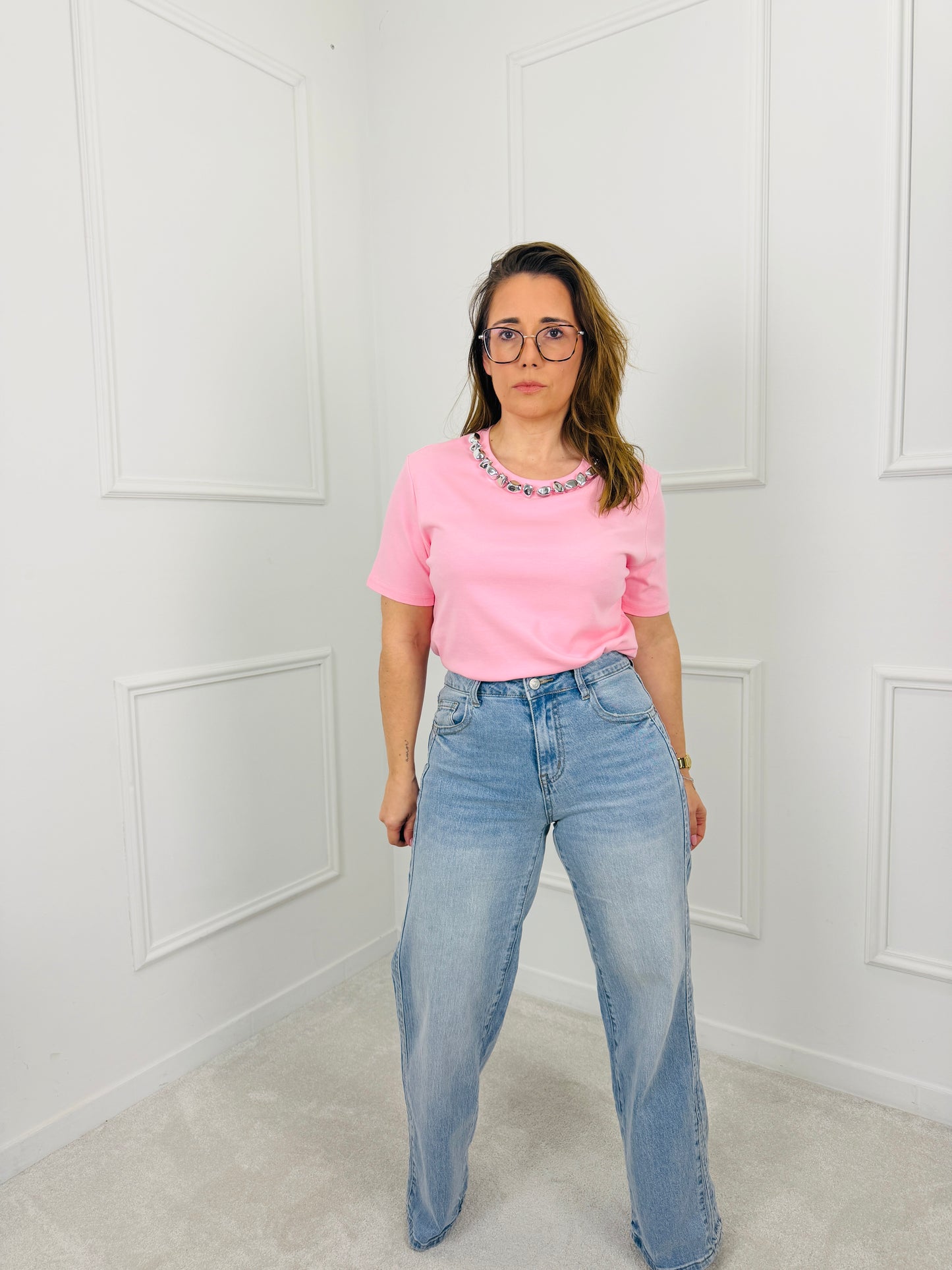 TSHIRT ROSA DETALHE PRATA