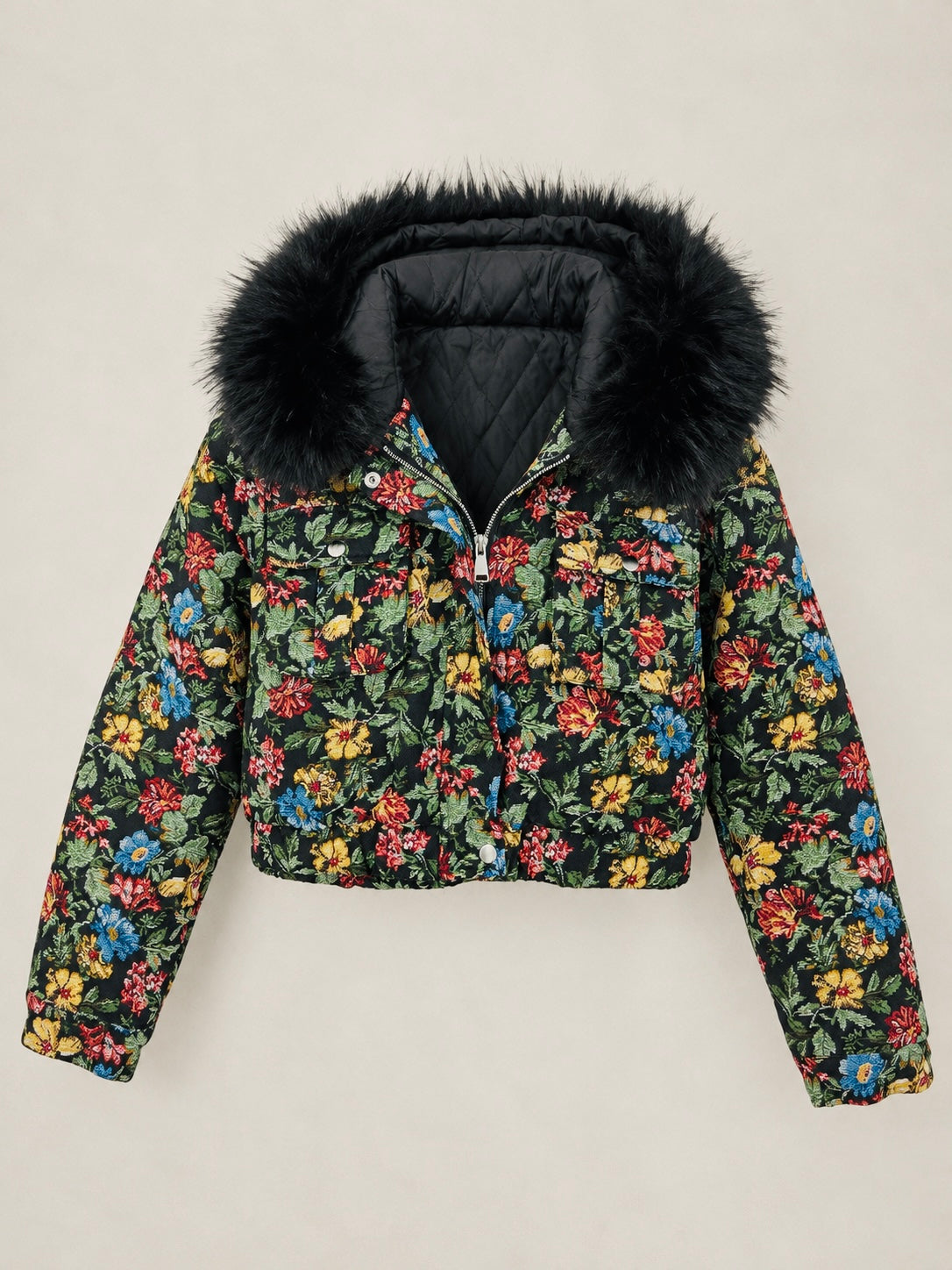 Casaco Floral com Gola de Pelo Preto