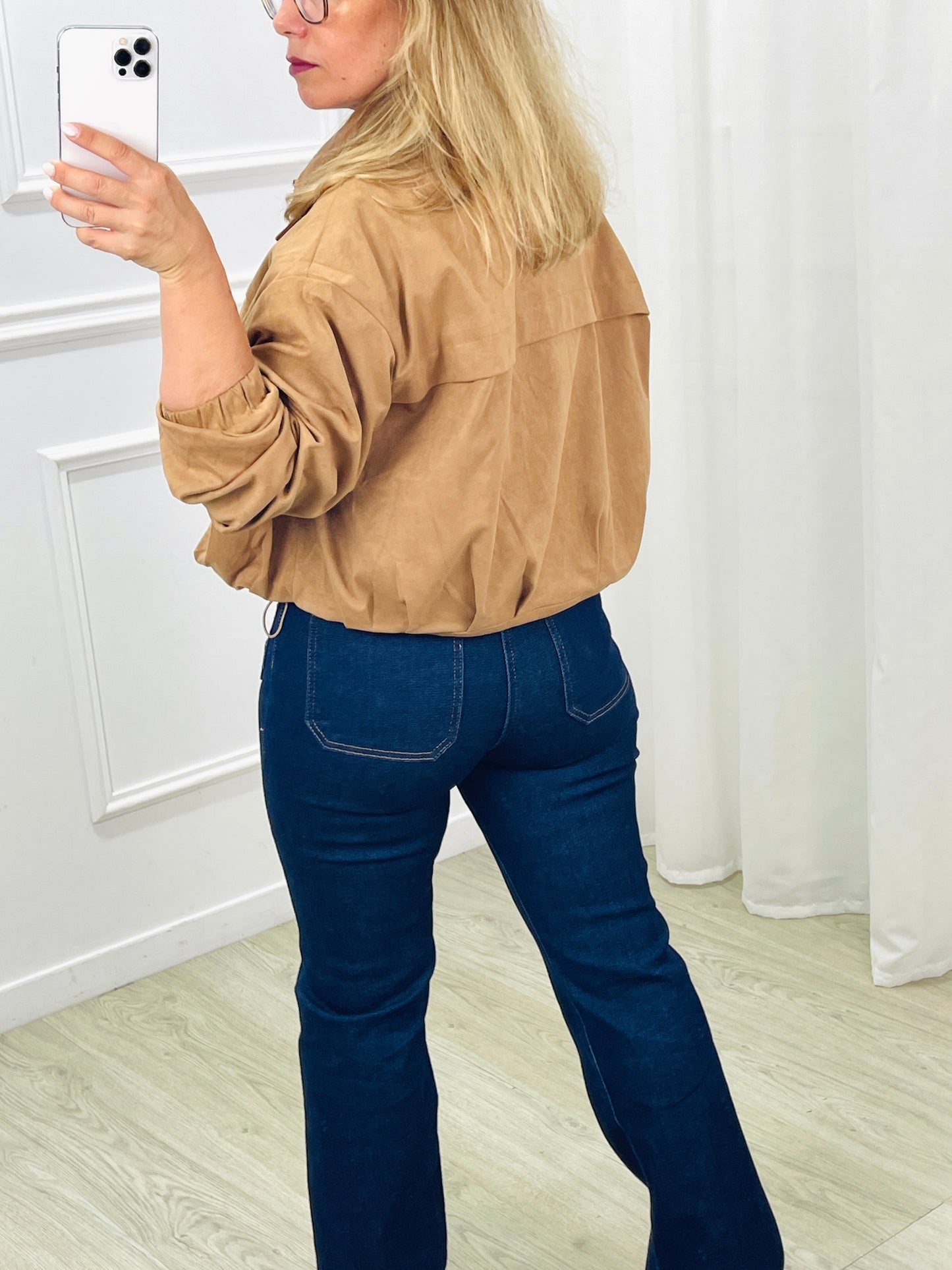 SUEDE JACKET WITH CAMEL CONTRAST COLLAR