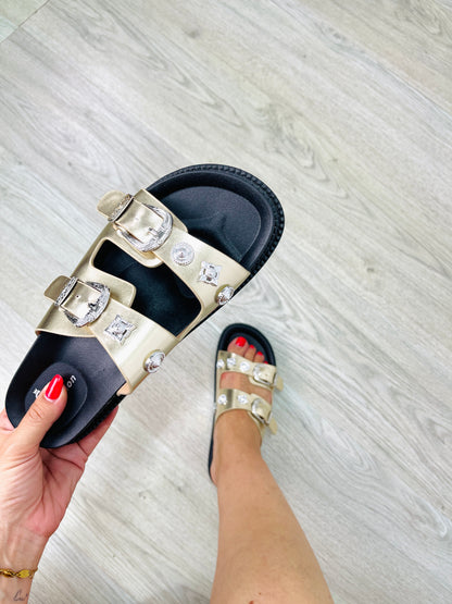 CHINELO RASO COM TACHAS DOURADO