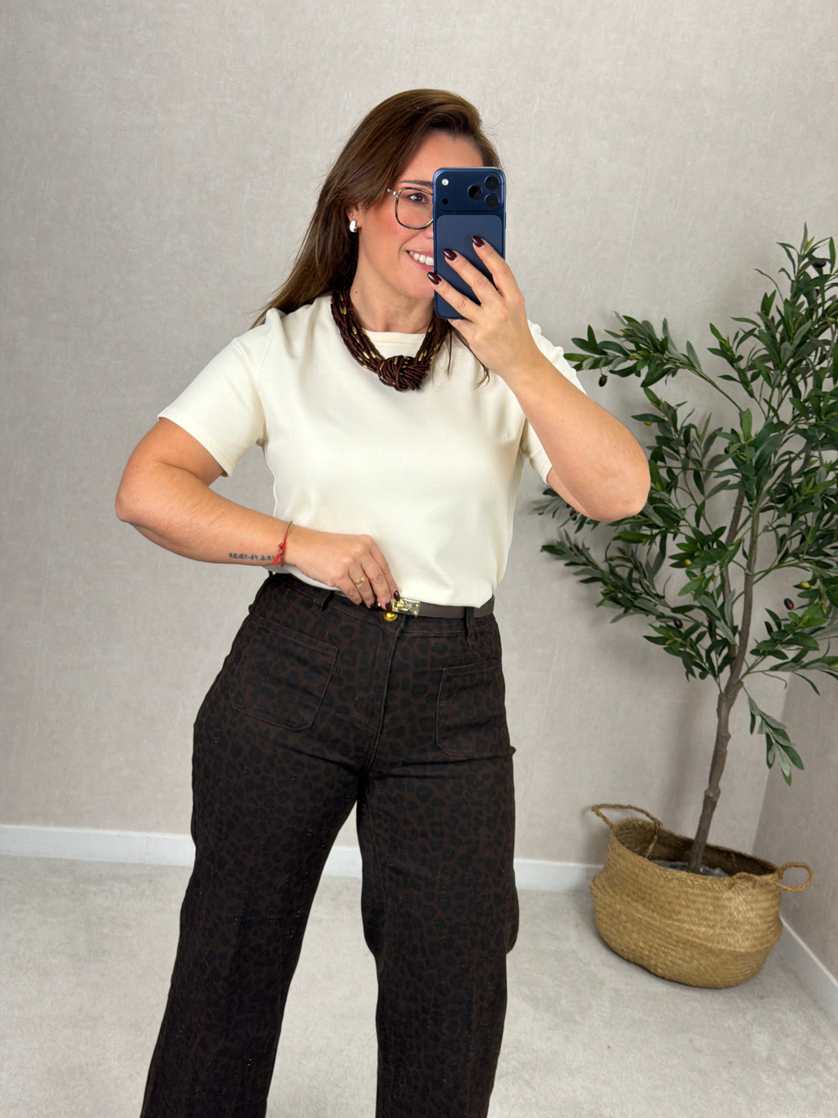 Calça Wide Leg Crop Leopard