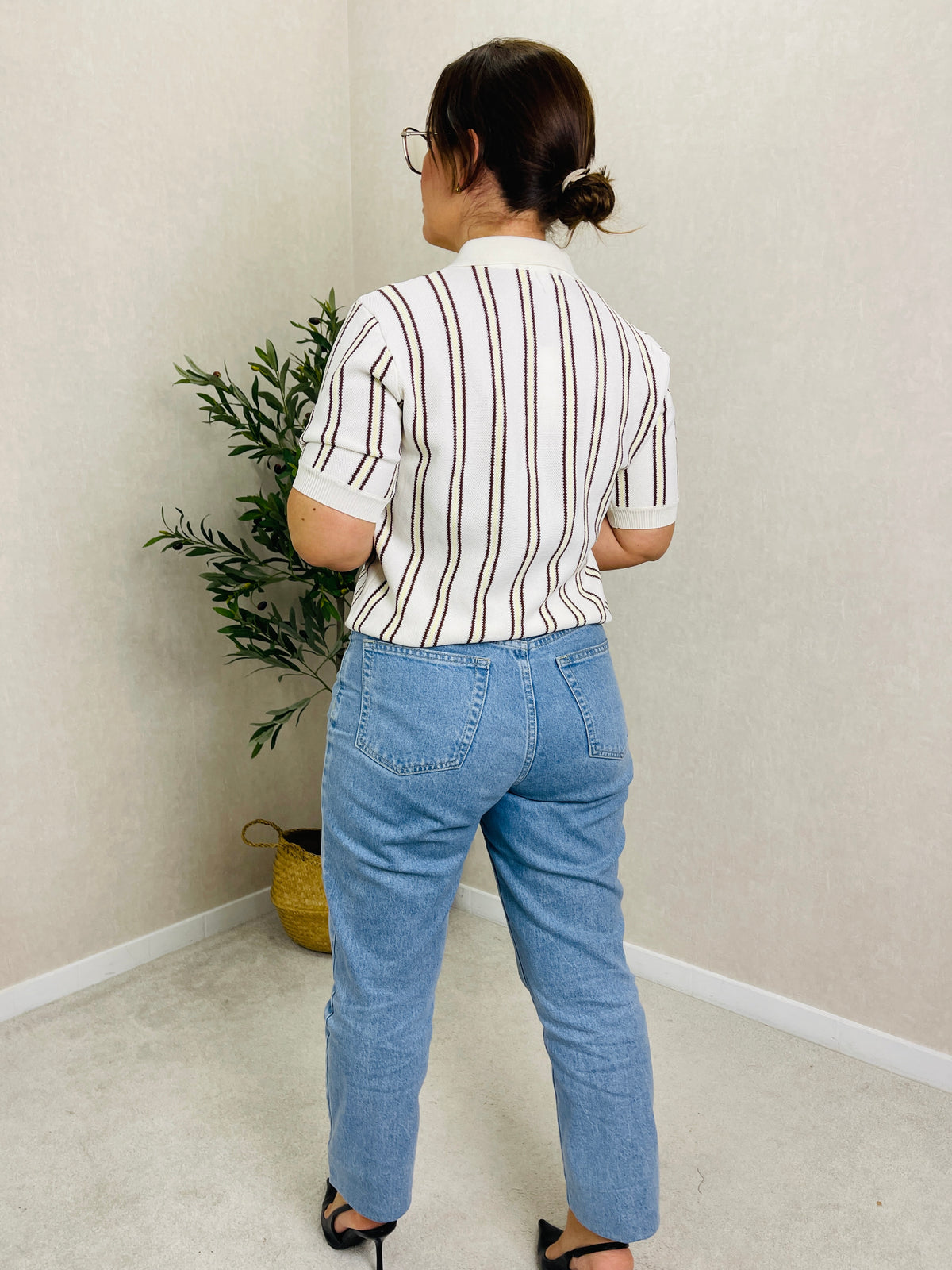 Camisola de Malha às Riscas com Gola