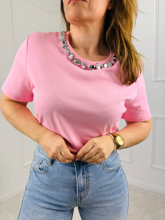 TSHIRT ROSA DETALHE PRATA