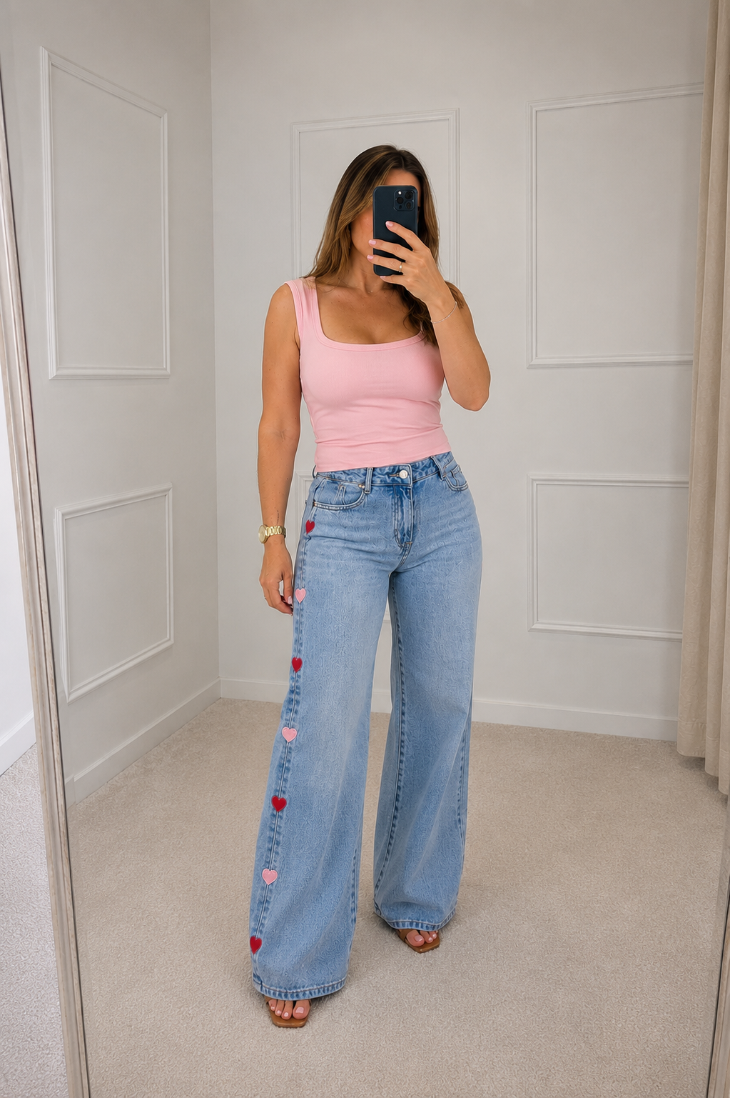 CALÇA WIDE LEG CORAÇÃO LATERAL VERMELHO E ROSA