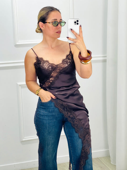 ASYMMETRICAL SATIN DRESS WITH LACE