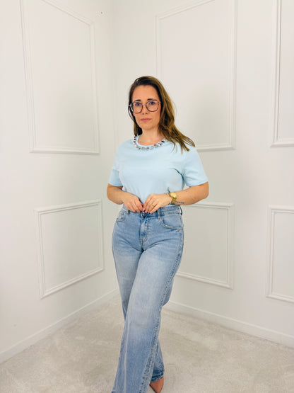 TSHIRT AZUL DETALHE PRATA