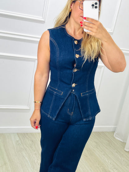CONJUNTO COLETE E CALÇA EM GANGA