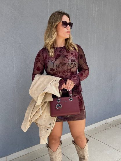 CAMISOLA TRANSPARENTE FLORAL BORDEAUX