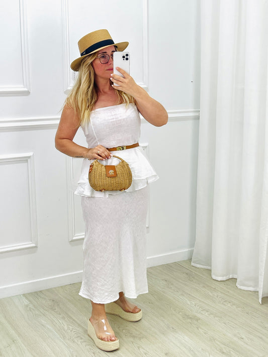 CONJUNTO TOP E SAIA EM LINHO