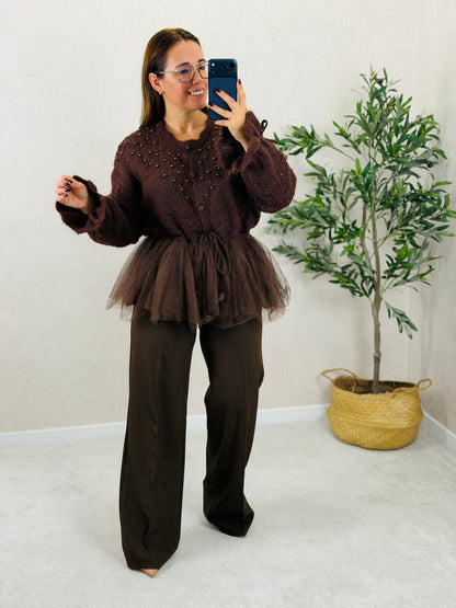 Cardigan Peplum Castanho