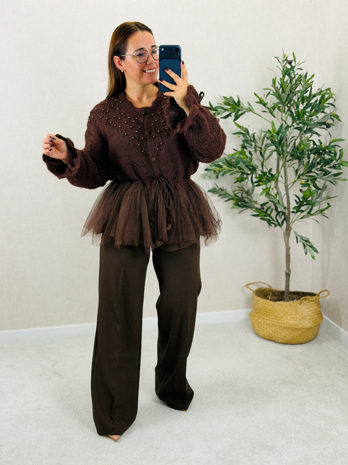 Cardigan Peplum Castanho