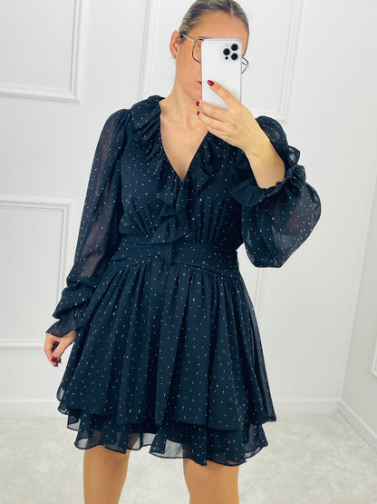 VESTIDO CURTO COM FOLHOS E BRILHOS PRETO