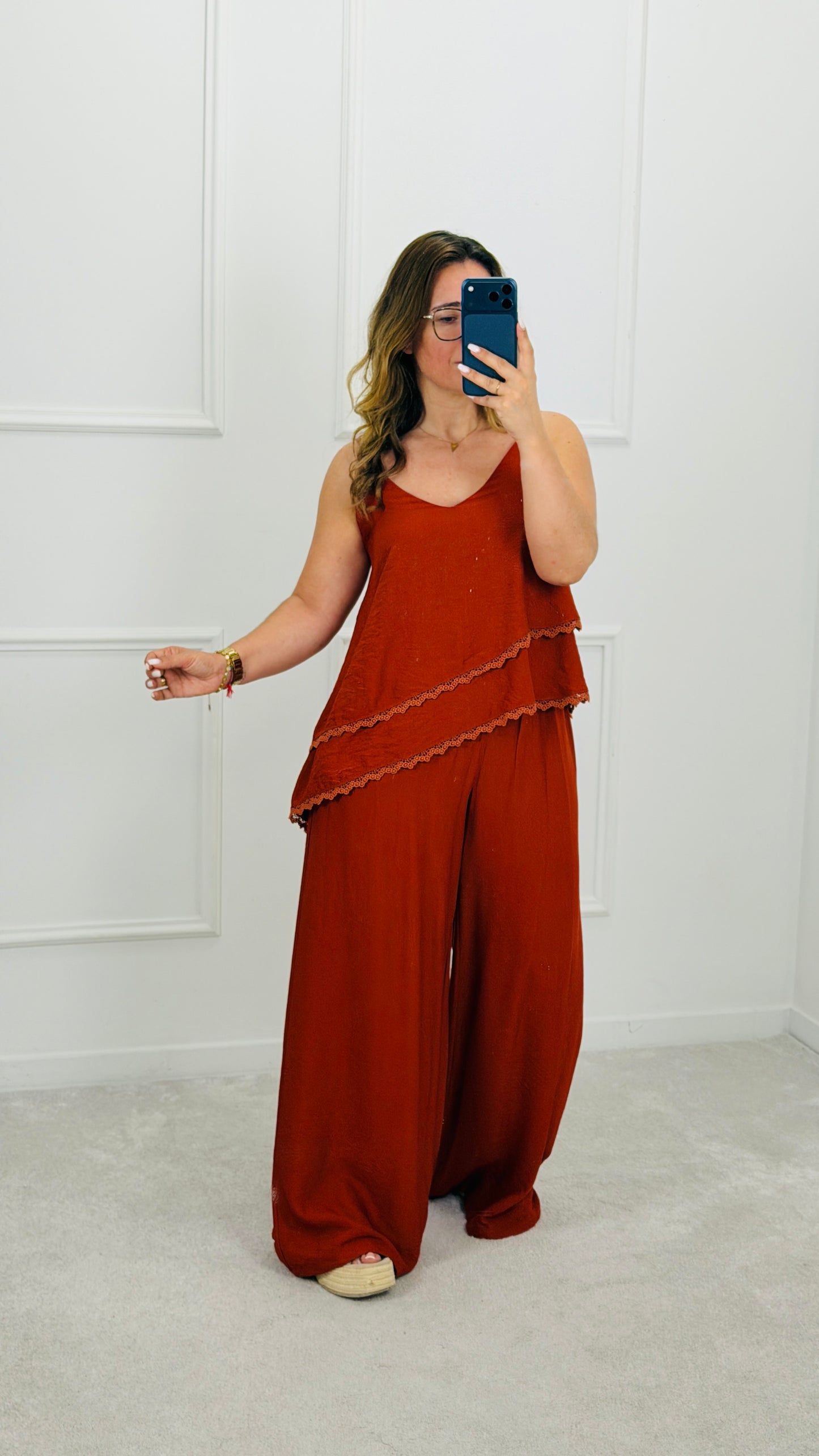 CONJUNTO TOP E CALÇA TERRACOTA BOHO