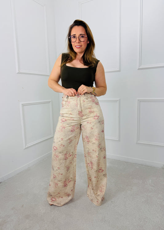 CALÇA DE GANGA FLORAL WIDE LEG AZAKA