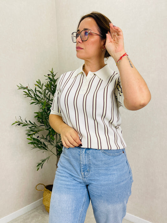 Camisola de Malha às Riscas com Gola