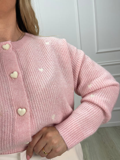 CARDIGAN DE MALHA COM CORAÇÕES ROSA