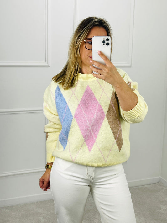 CAMISOLA MALHA AMARELA LOSANGULOS