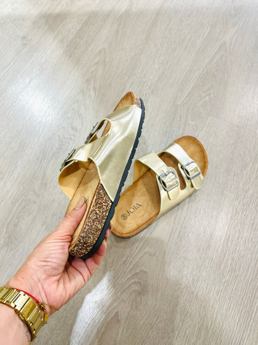 SANDÁLIA RASA FIVELA DUPLA DOURADO