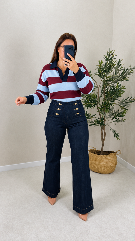 Camisola de Malha às Riscas com Gola