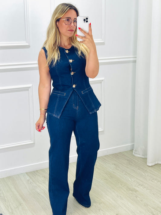 CONJUNTO COLETE E CALÇA EM GANGA