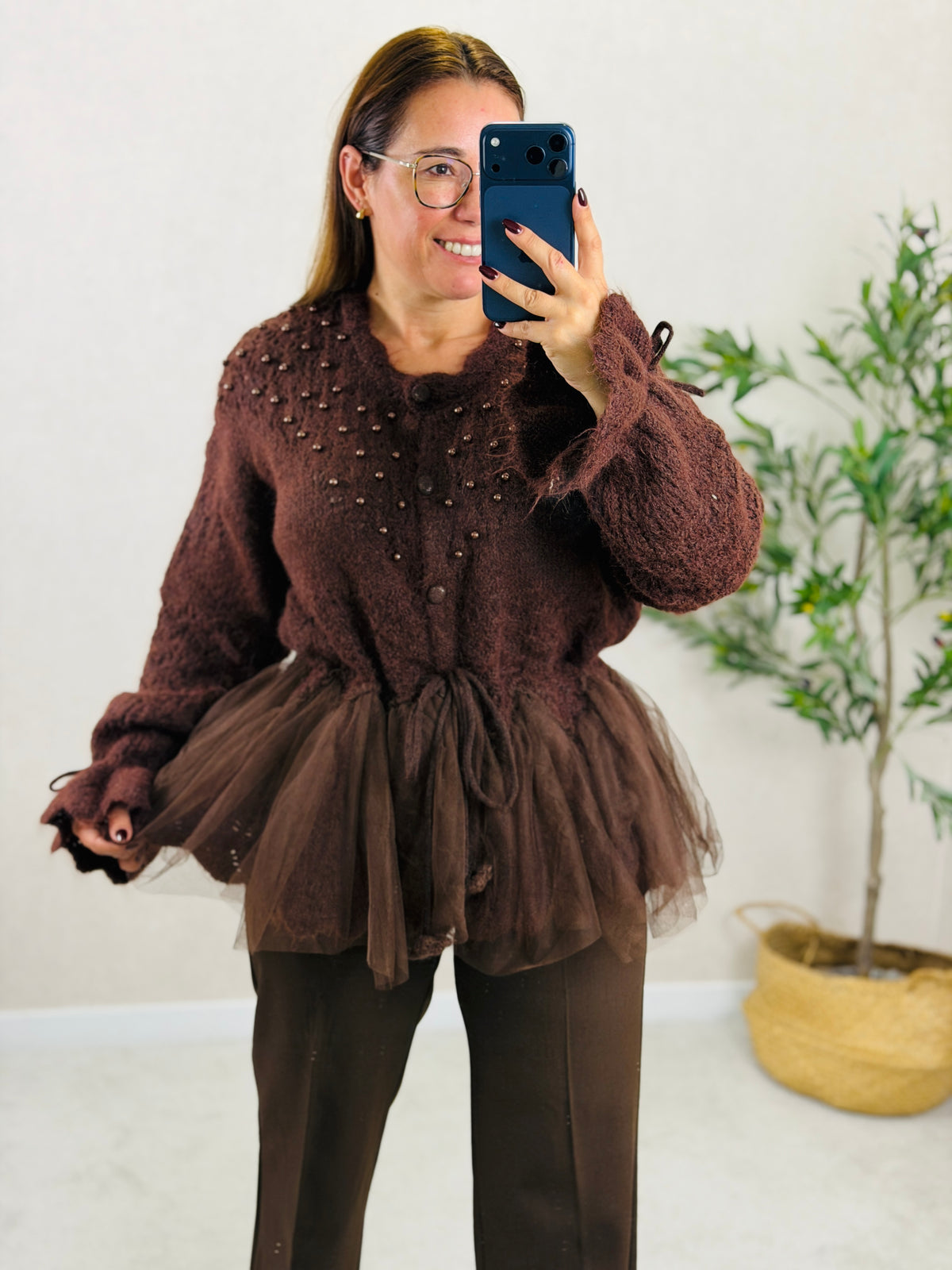 Cardigan Peplum Castanho