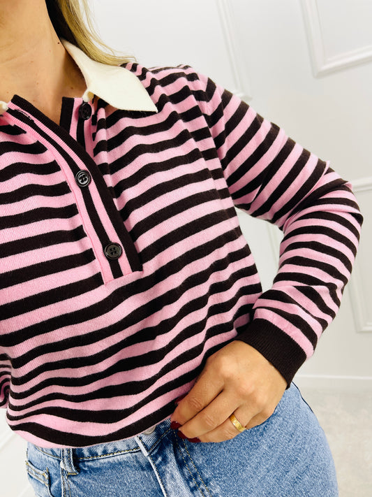 POLO MALHA STRIPES CASTANHO E ROSA