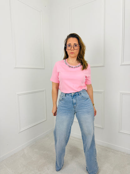 TSHIRT ROSA DETALHE PRATA