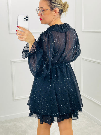 VESTIDO CURTO COM FOLHOS E BRILHOS PRETO