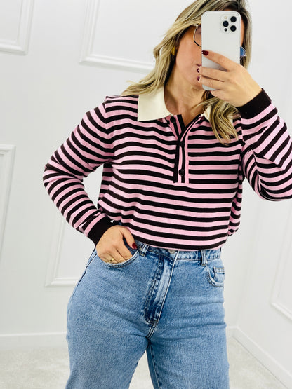 POLO MALHA STRIPES CASTANHO E ROSA