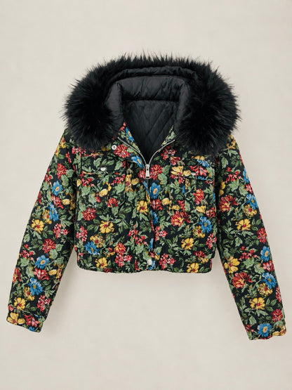 Casaco Floral com Gola de Pelo Preto