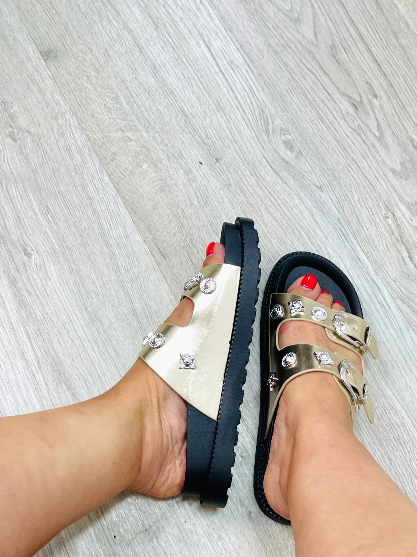 CHINELO RASO COM TACHAS DOURADO