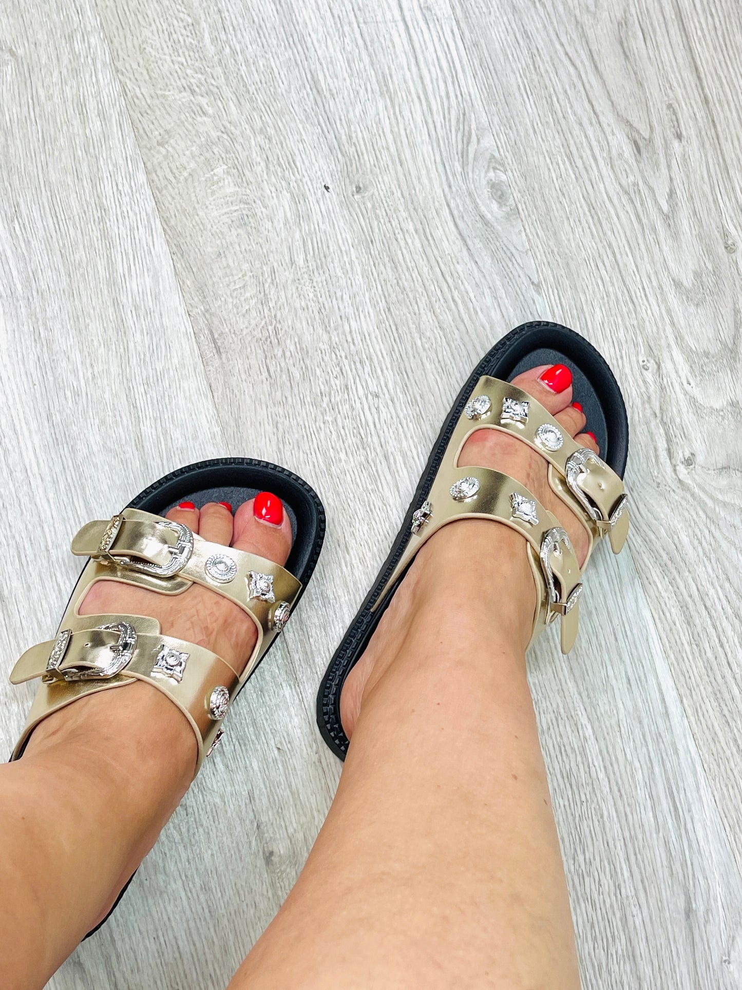 CHINELO RASO COM TACHAS DOURADO