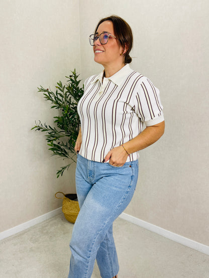Camisola de Malha às Riscas com Gola