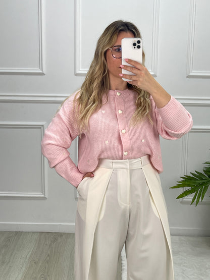 CARDIGAN DE MALHA COM CORAÇÕES ROSA