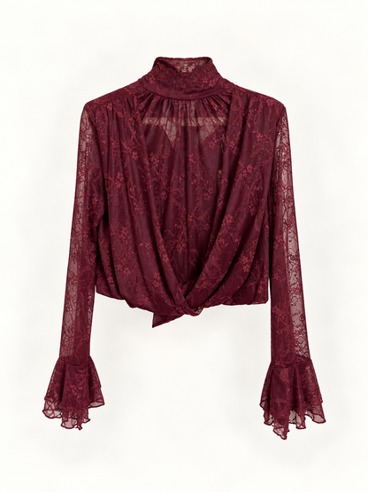 Blusa de Renda Bordeaux com Folhos
