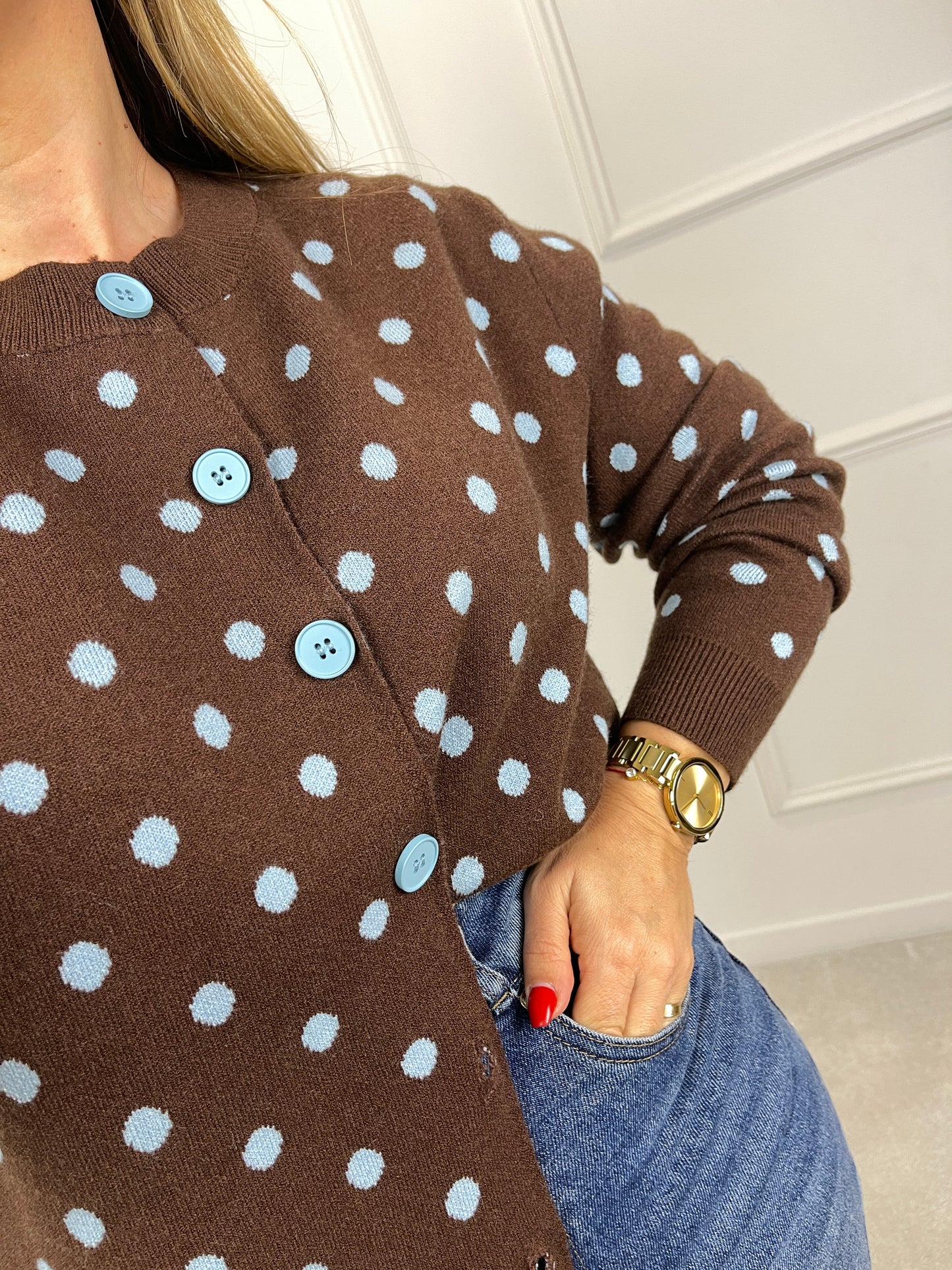 CARDIGAN CASTANHO COM AZUL