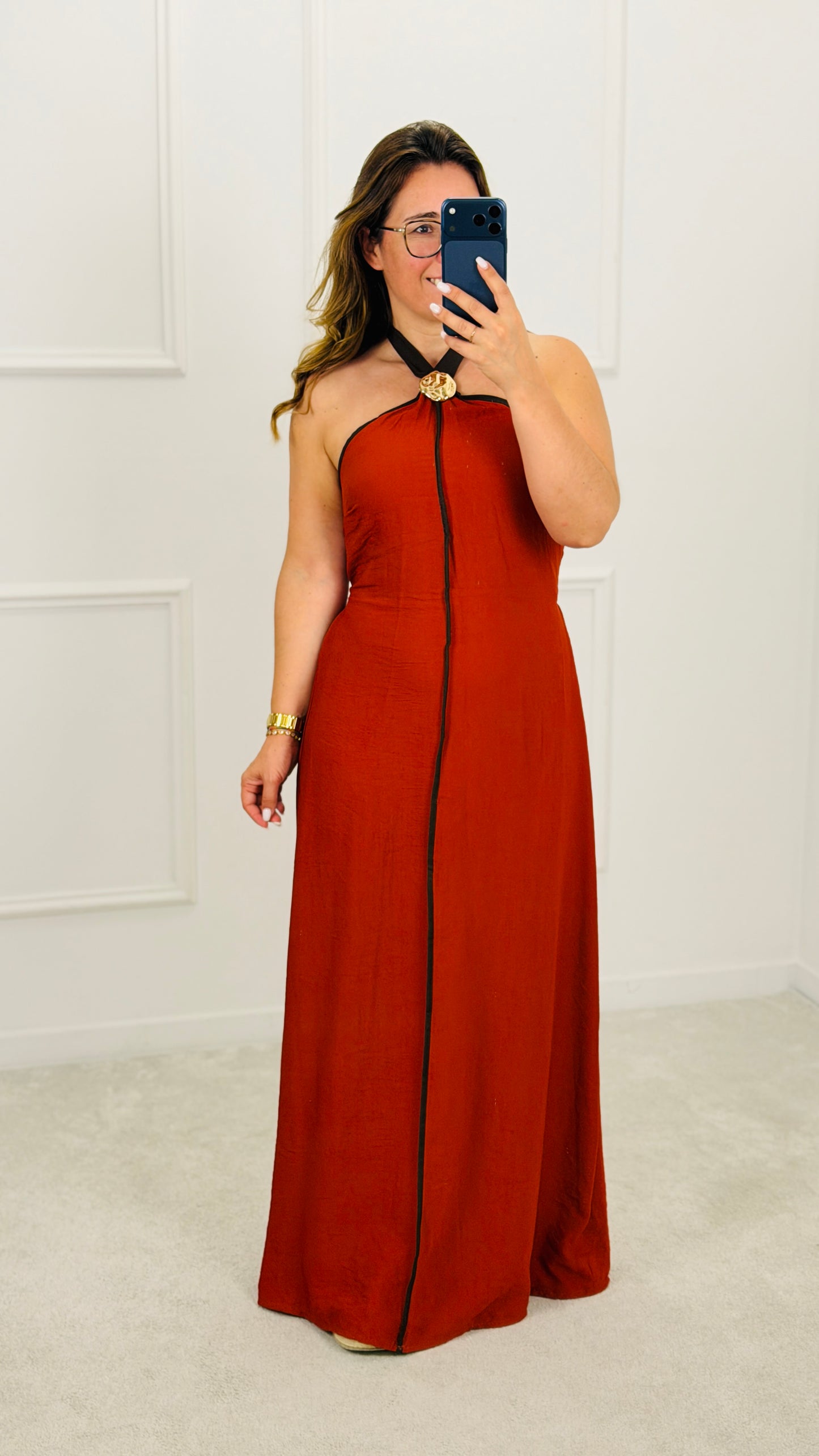 VESTIDO COMPRIDO DECOTE HALTER TERRACOTA