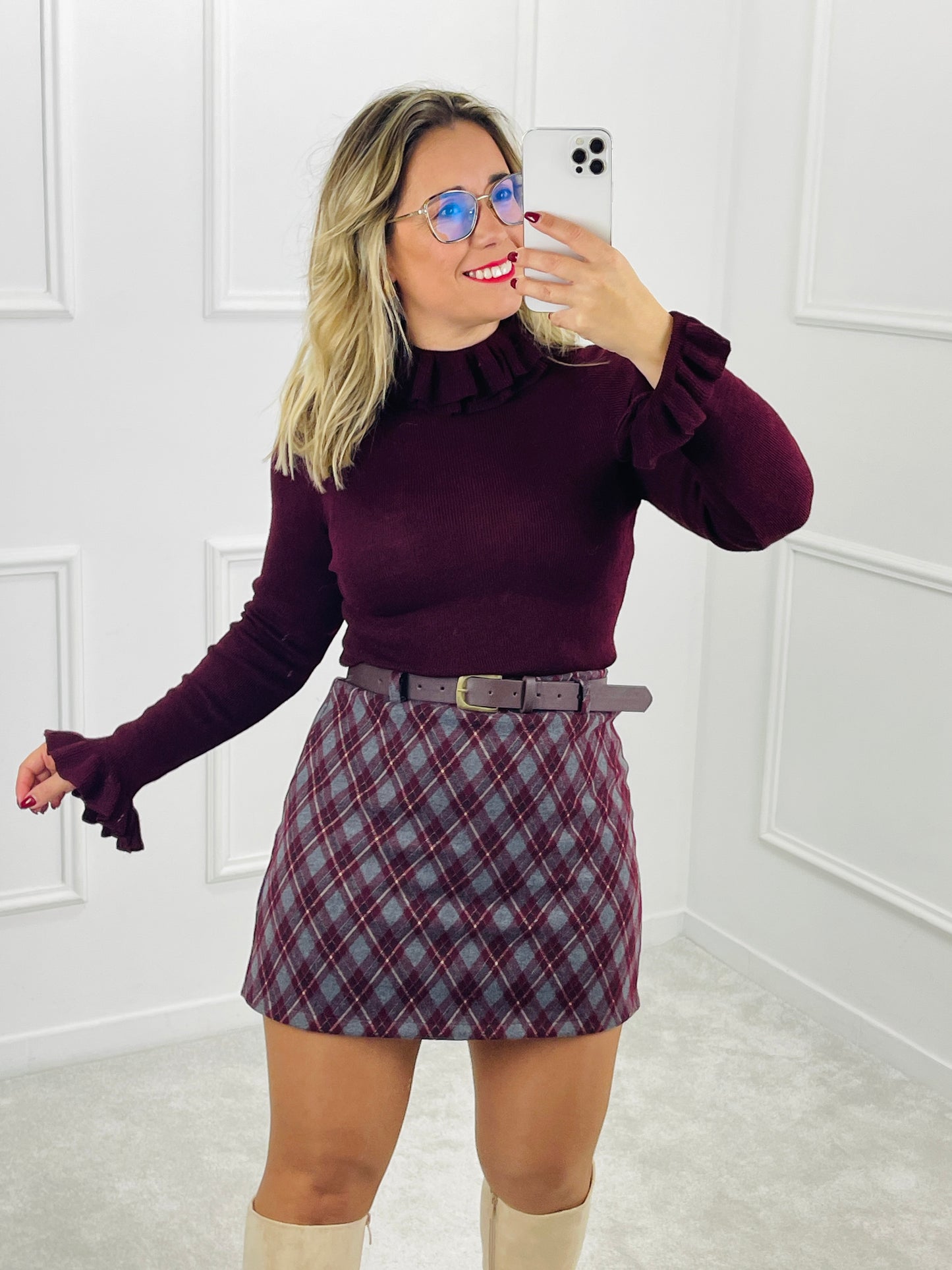 SAIA XADREZ BURGUNDY E CINZA