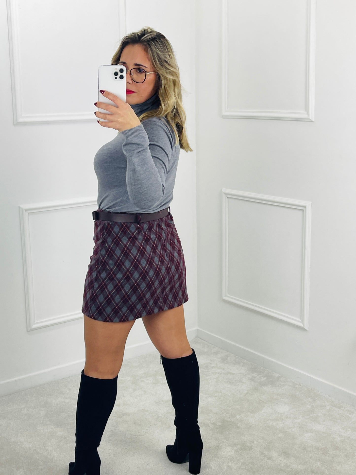 SAIA XADREZ BURGUNDY E CINZA