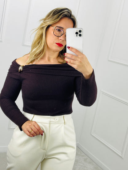 CAMISOLA MALHA CASTANHA DETALHE GOLD