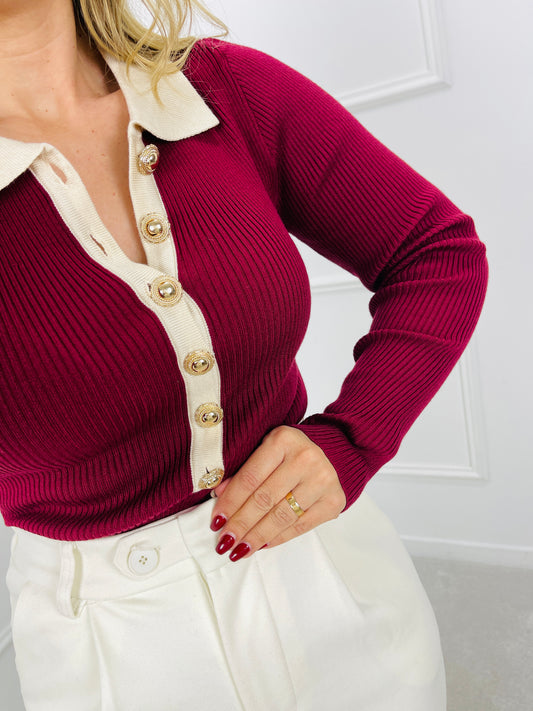 BODY MALHA BORDEAUX COM BOTÕES DOURADOS