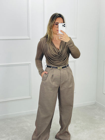 CALÇA DE CINTURA SUBIDA PADRÃO PIED-DE-POULE