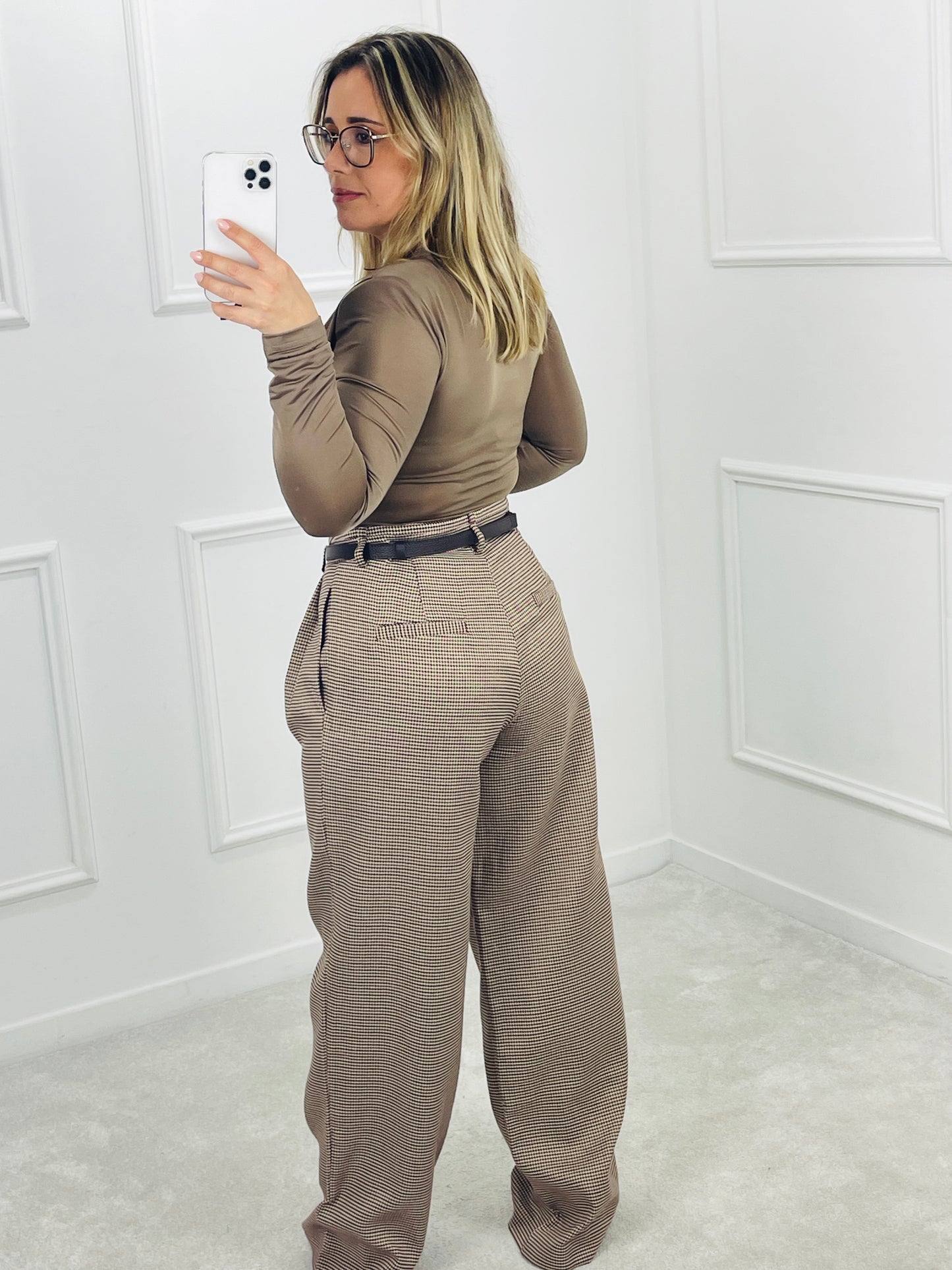 CALÇA DE CINTURA SUBIDA PADRÃO PIED-DE-POULE