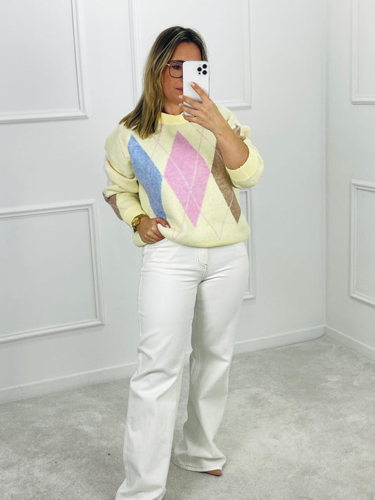 CAMISOLA DE MALHA COM PADRÃO LOSANGOS EM TONS PASTEL
