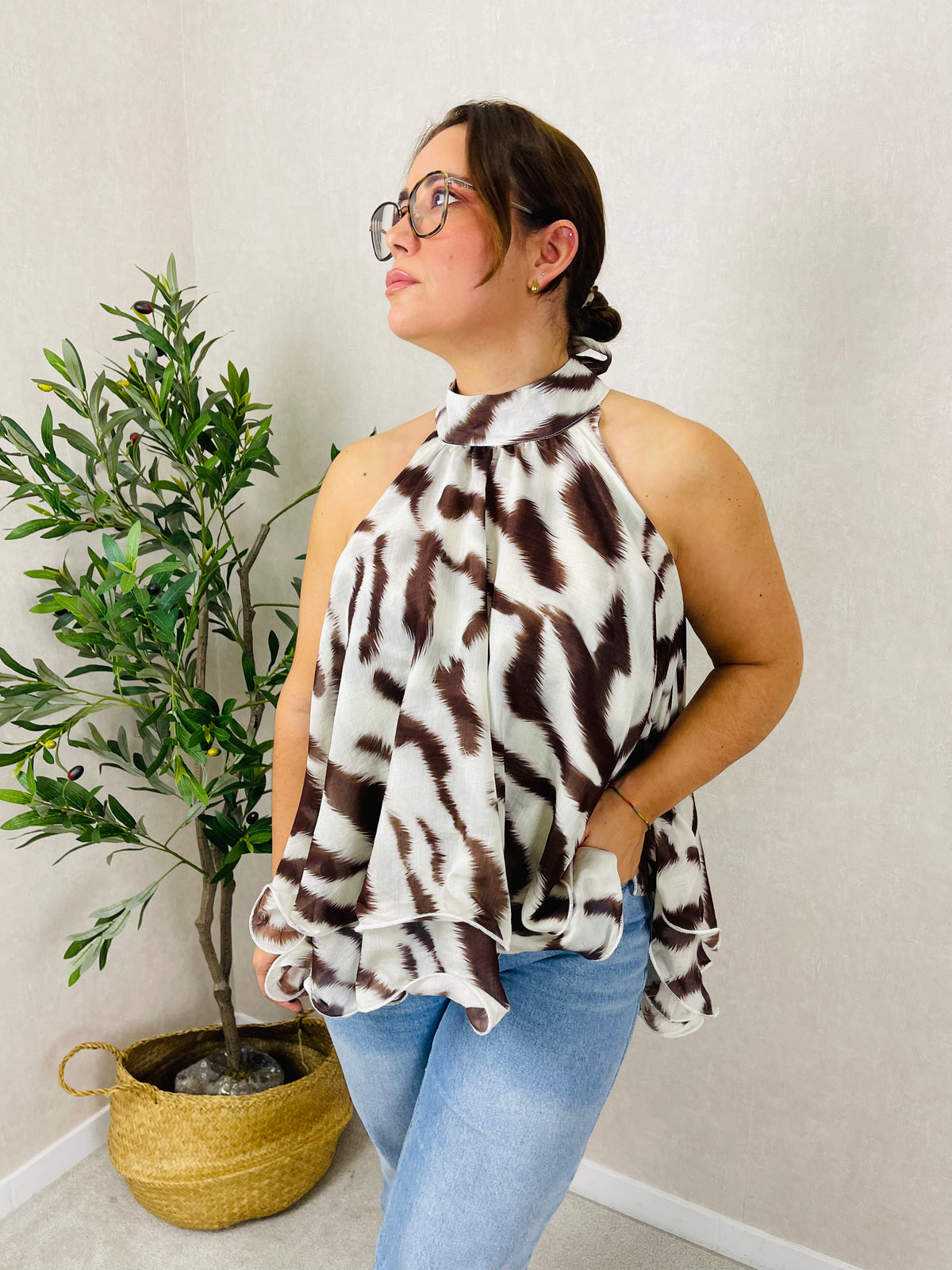 Top Halter Estampado com Folhos