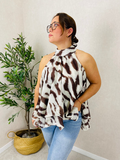 Top Halter Estampado com Folhos