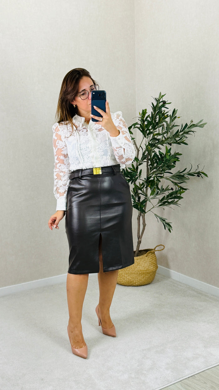 Saia Efeito Pele com Cinto Castanho